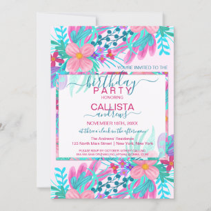Invitation Elégant rose Turquoise Fleurs peintes Feuille Anni
