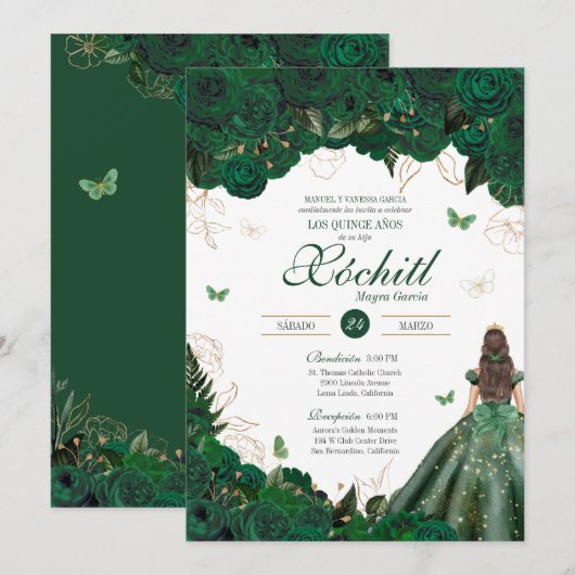 Invitation Élégant Rose vert émeraude papillon Quinceañera (Devant / Derrière)