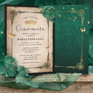 Invitation Elégant Rose vert or noir Quinceanera