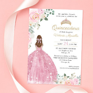 Invitation Elégant rose vif or floral Quinceañera 15e