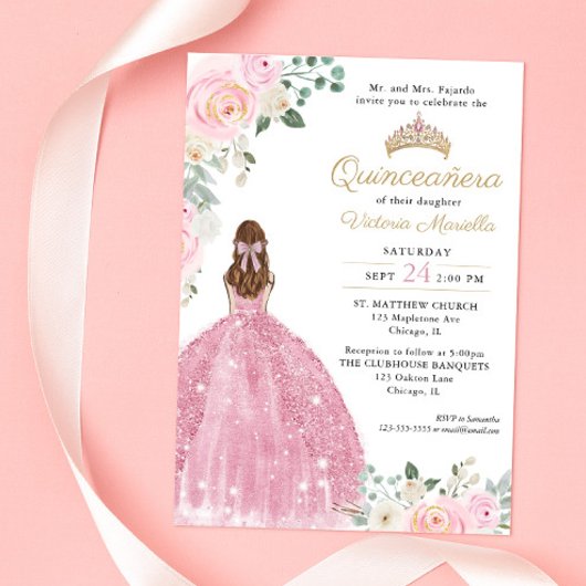 Invitation Elégant rose vif or floral Quinceañera 15e