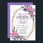 Invitation Élégant rose violet Aquarelle Fleurs Douces 16<br><div class="desc">Cette invitation à fêter un sweet sixteen moderne et élégant est parfaite pour un événement élégant. Il présente des fleurs d'aquarelle vert sauge, rose baies, violet et violet peint à la main et des feuilles sur le toit d'un cadre de terrarium géométrique en parties scintillant d'or imitation imprimé sur un...</div>