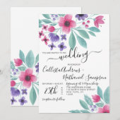 Invitation Elégant rose violet Aquarelle Mariage Floral (Devant / Derrière)