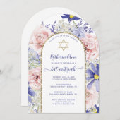 Invitation Élégant rose violet Bat mitzvah d'arc d'or fleuri  (Devant / Derrière)
