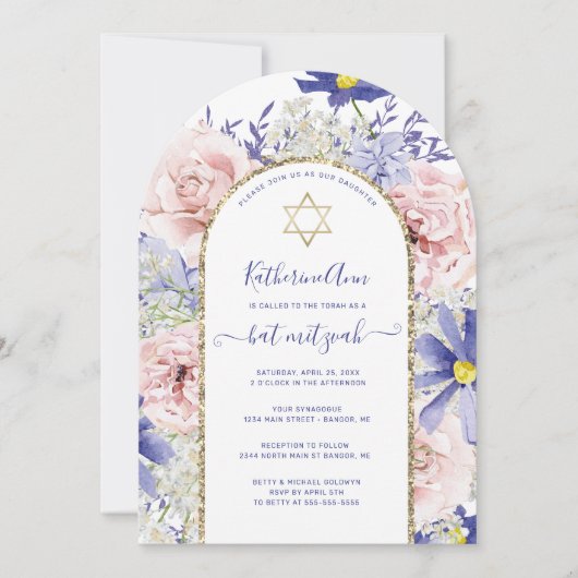 Invitation Élégant rose violet Bat mitzvah d'arc d'or fleuri  (Devant)