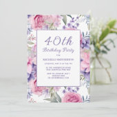 Invitation Élégant rose violet fleuri 40e anniversaire (Debout devant)