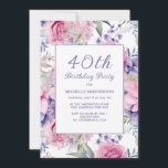 Invitation Élégant rose violet fleuri 40e anniversaire<br><div class="desc">40e anniversaire invitation de fête décorée avec beau rose et violet floral sur blanc. Ces invitations peuvent être customisées pour n'importe quel âge. Contactez-moi pour obtenir de l'aide sur vos personnalisations ou pour demander des produits Zazzle correspondants ou coordonnés supplémentaires pour votre célébration.</div>
