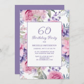 Invitation Élégant rose violet fleuri 60e anniversaire (Devant / Derrière)