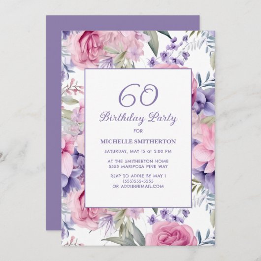 Invitation Élégant rose violet fleuri 60e anniversaire (Devant / Derrière)