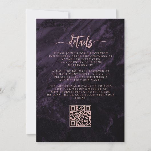 Invitation Élégant Rose violet or Floral QR Code Mariage (Dos)