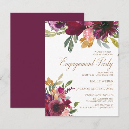 Invitation Élégant rose violet or floral script engagement (Devant / Derrière)