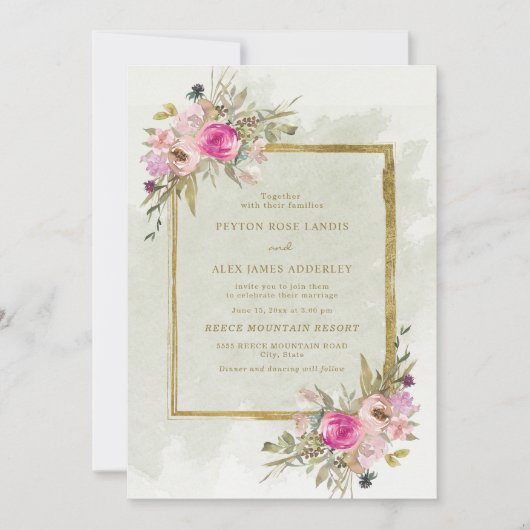 Invitation Élégant rose violet Sage vert Feuille or (Devant)