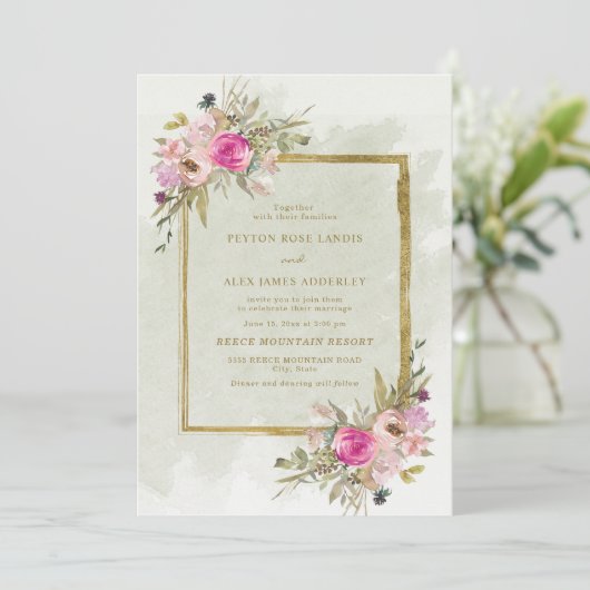 Invitation Élégant rose violet Sage vert Feuille or (Debout devant)