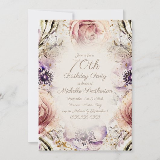 Invitation Élégant rose violet Script 70e anniversaire (Devant)