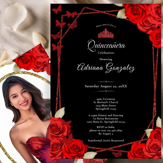 Invitation Elegant Roses and Crown Red Quinceanera 