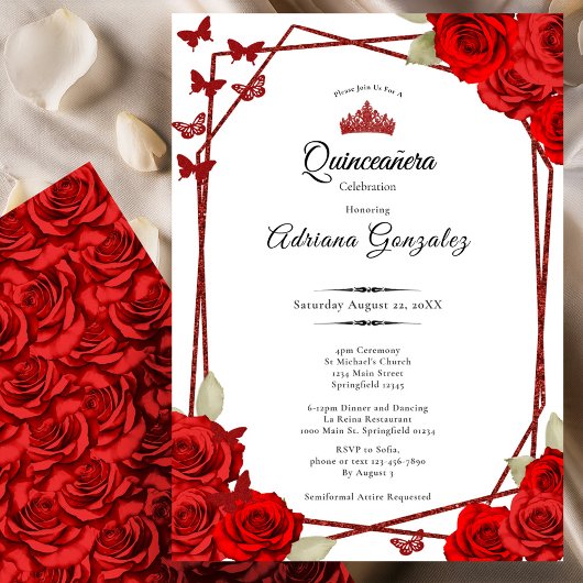 Invitation Elegant Roses and Crown Red Quinceanera