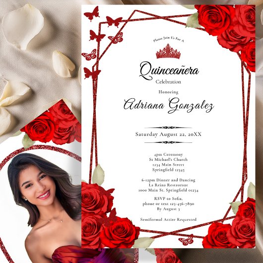 Invitation Elegant Roses and Crown Red Quinceanera 