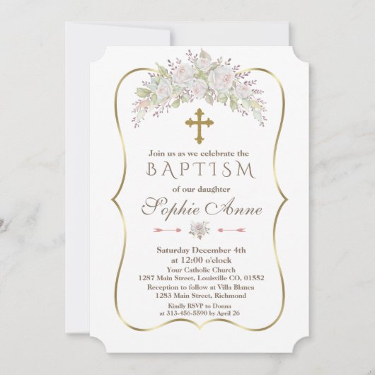 Invitation Élégant Roses Blanches Baptême Or Bourgogne (Devant)