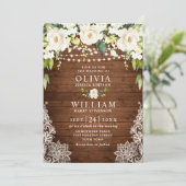 Invitation Elégant Roses Blanches Dentelle Mariage en bois ru (Debout devant)