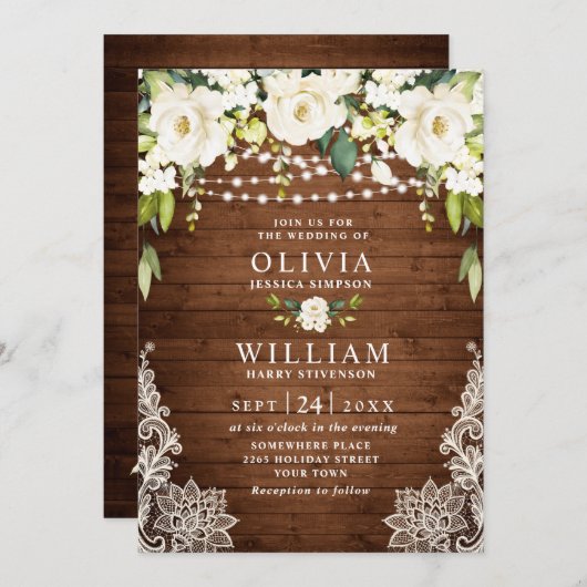 Invitation Elégant Roses Blanches Dentelle Mariage en bois ru (Devant / Derrière)
