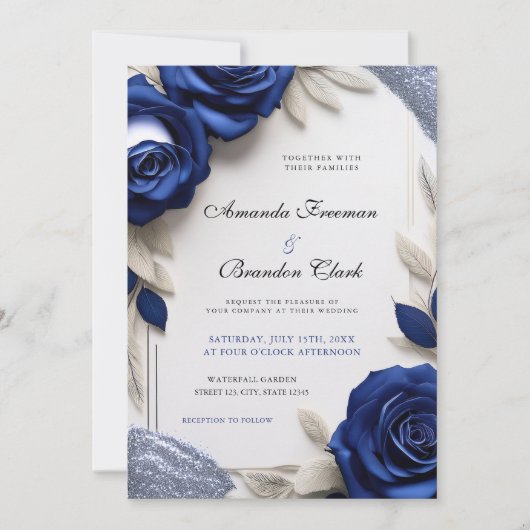 Invitation Elégant Roses bleu marine et Mariage Parties scint (Devant)