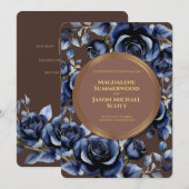 Invitation Elégant Roses bleu marine Floral & Or Brown (Devant / Derrière)