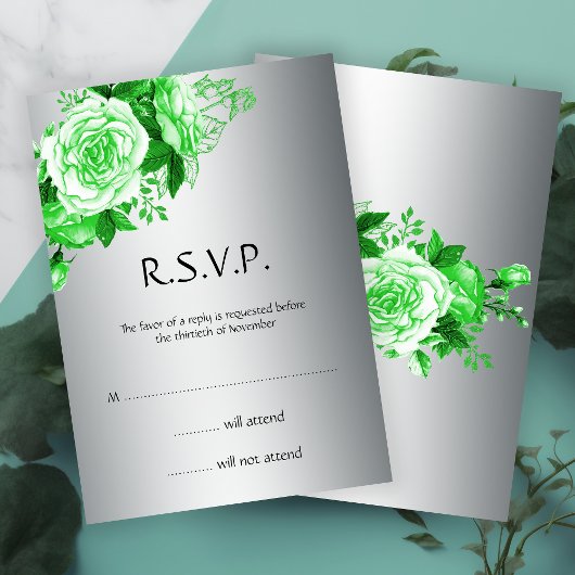 Invitation Elégant Roses d'aquarelle Emerald et RSVP argent
