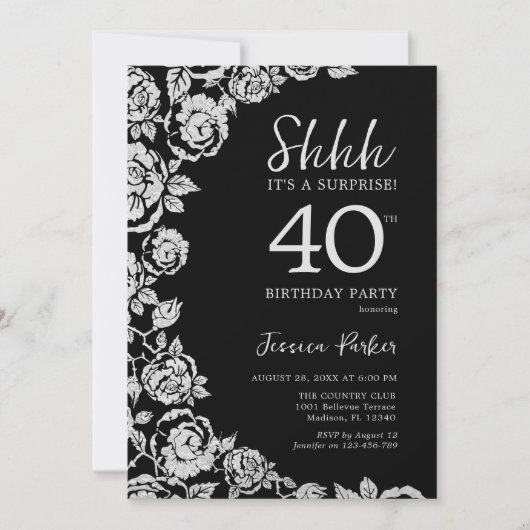 Invitation Elégant Roses d'argent noir surprise 40e anniversa (Devant)