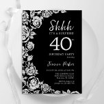 Invitation Elégant Roses d'argent noir surprise 40e anniversa<br><div class="desc">Invitation à la fête de 40e anniversaire en argent noir. Design élégant avec rose,  faux feuille d'argent et police de script de typographie. Carte invitation tendance parfaite pour une célébration anniversaire élégante. Peut être customisé à n'importe quel âge. Invitations Zazzle imprimées ou téléchargement instantané modèle imprimable numérique.</div>