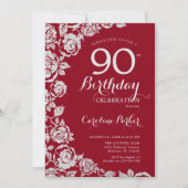 Invitation Elégant Roses d'argent rouge 90e fête d'anniversai (Devant)