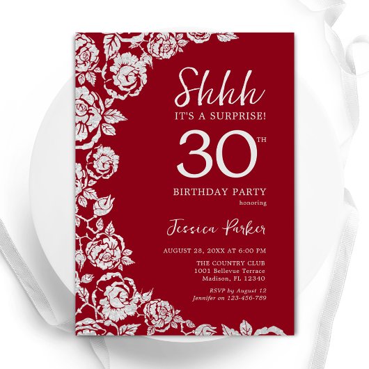 Invitation Elégant Roses d'argent rouge surprise 30e annivers