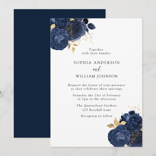 Invitation Elégant Roses de marine et or moderne Mariage flor (Devant / Derrière)