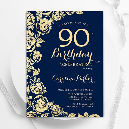 Invitation Elégant Roses d'or bleu marine 90e anniversaire