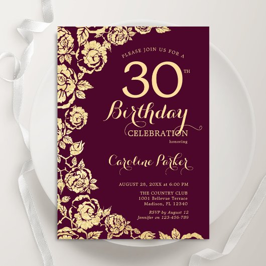 Invitation Elégant Roses d'or de Bourgogne 30e anniversaire