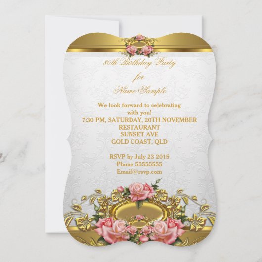 Invitation Elégant Roses d'or rose blanc 80e anniversaire 2 (Dos)