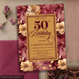 Invitation Élégant roses d'or rousse bordeaux 50e anniversair