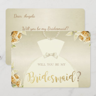 Invitation Élégant, Roses Dorées, Robe de Mariée Demoiselle d