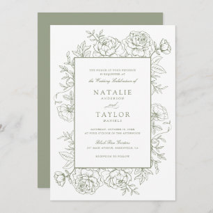 Invitation Élégant Roses floraux Cadre Sage Mariage vert