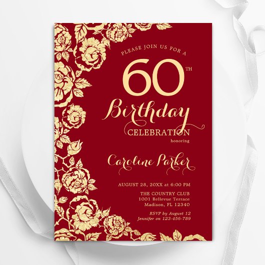 Invitation Elégant Roses Red Gold 60e anniversaire