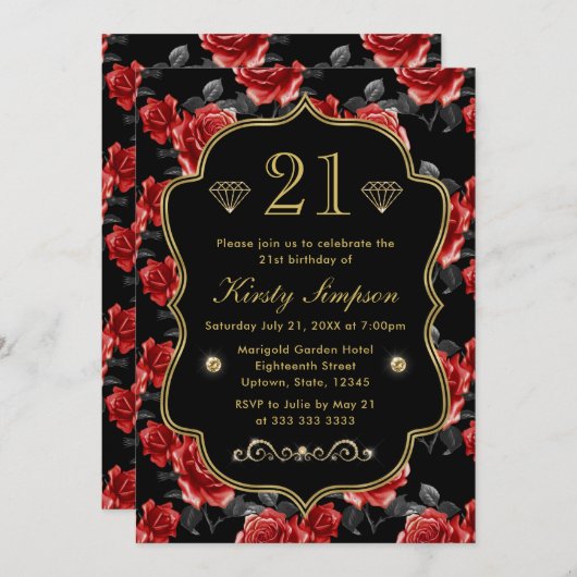 Invitation Elégant Roses rouge et noir avec cadre or Annivers (Devant / Derrière)