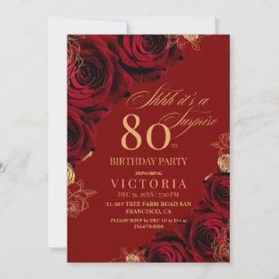 Invitation Elégant Roses rouge et or 80e anniversaire