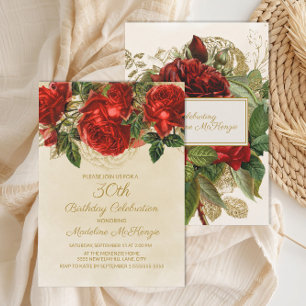 Invitation Elegant Roses Rouges Champagne 30e Anniversaire