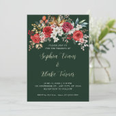 Invitation Élégant Roses rouges Floral Mariage vert foncé (Debout devant)