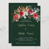 Invitation Élégant Roses rouges Floral Mariage vert foncé (Devant / Derrière)