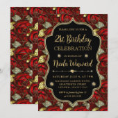 Invitation Elégant Roses Rouges Vitrail 21e anniversaire (Devant / Derrière)