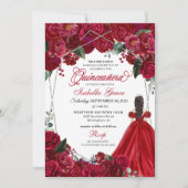 Invitation Elégant Rouge & Argent Floral Quinceanera Annivers (Devant)
