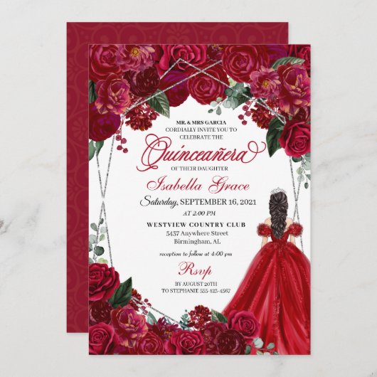 Invitation Elégant Rouge & Argent Floral Quinceanera Annivers (Devant / Derrière)