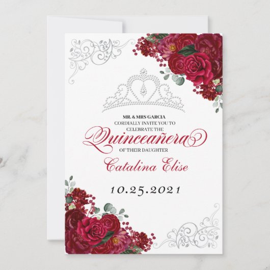 Invitation Elégant Rouge & Argent Floral Quinceanera Annivers (Devant)