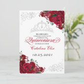 Invitation Elégant Rouge & Argent Floral Quinceanera Annivers (Debout devant)