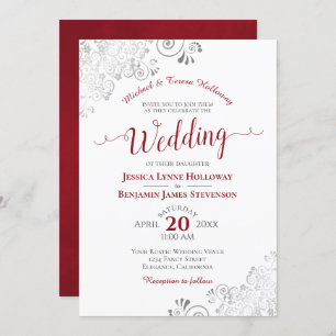 Invitation Élégant rouge avec dentelle argentée Mariage blanc